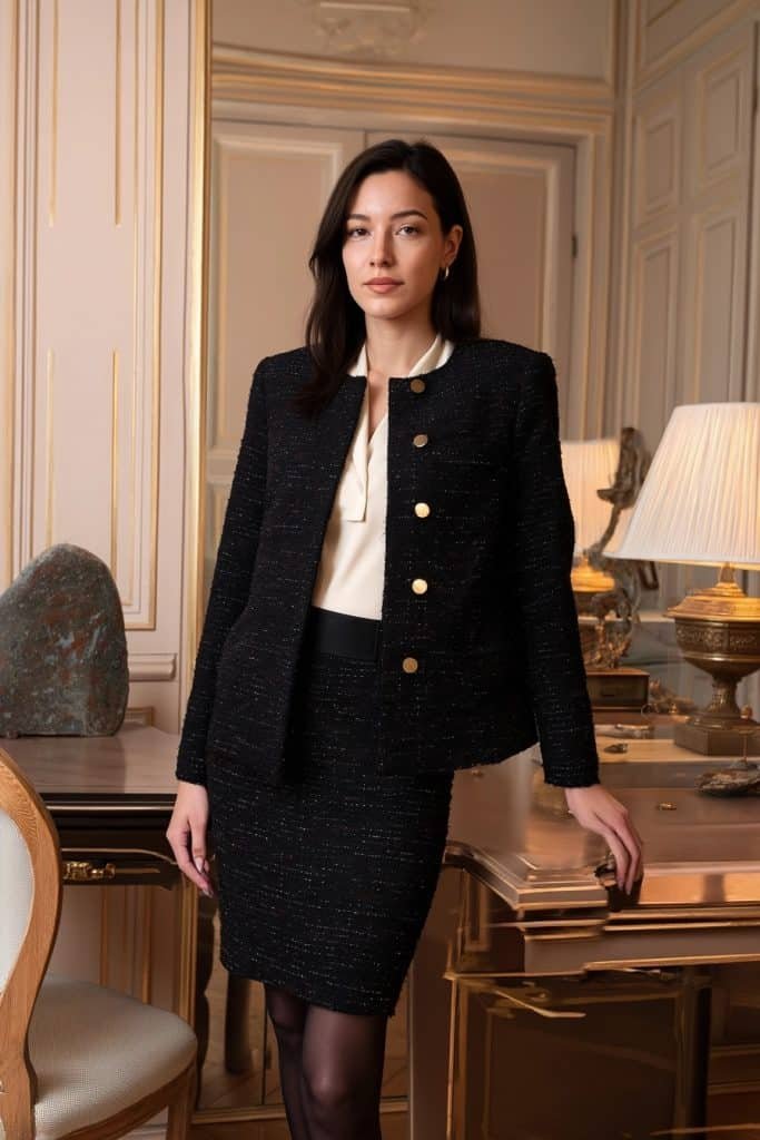 camille portant un blazer de tailleur classique et une jupe crayon