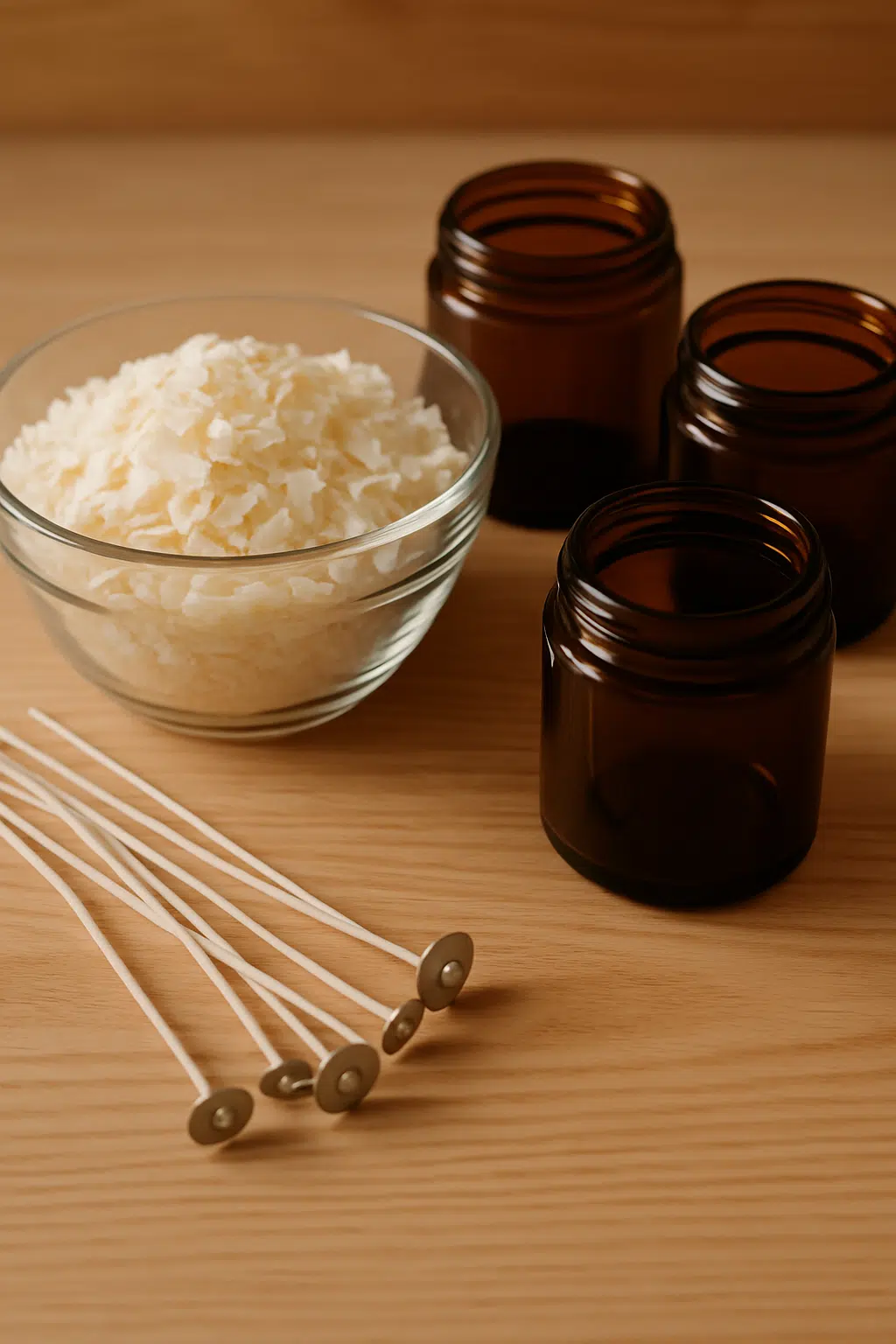 fabriquez votre propre bougie parfumée 2 Atelier de fabrication de bougies parfumées maison avec cire fondue, mèches en coton et flacons d'huiles essentielles
