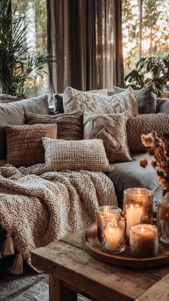 Ambiance salon cocooning hygge couleurs neutres et chaudes