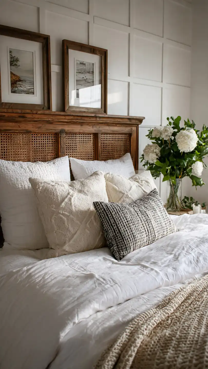 Tete de lit creative tasseaux boisblanc rotin tissu rembourre