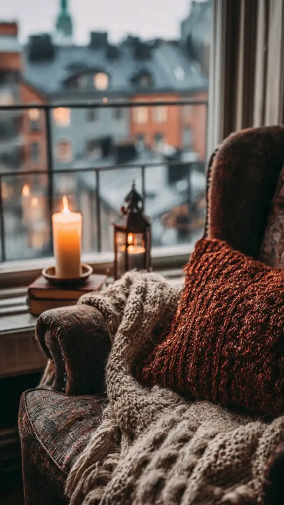 Textures douces velours laine bouclee et bois naturel