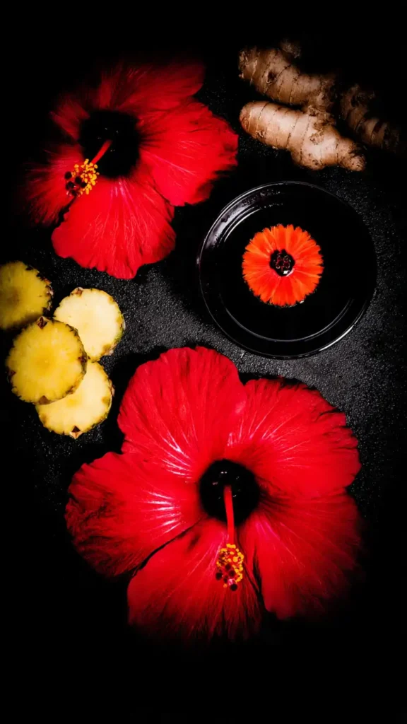 Jus de Bissap : Recette, Bienfaits et Secrets de cette Boisson Miracle 2 composition artistique de calices d hibiscus gingembre ananas