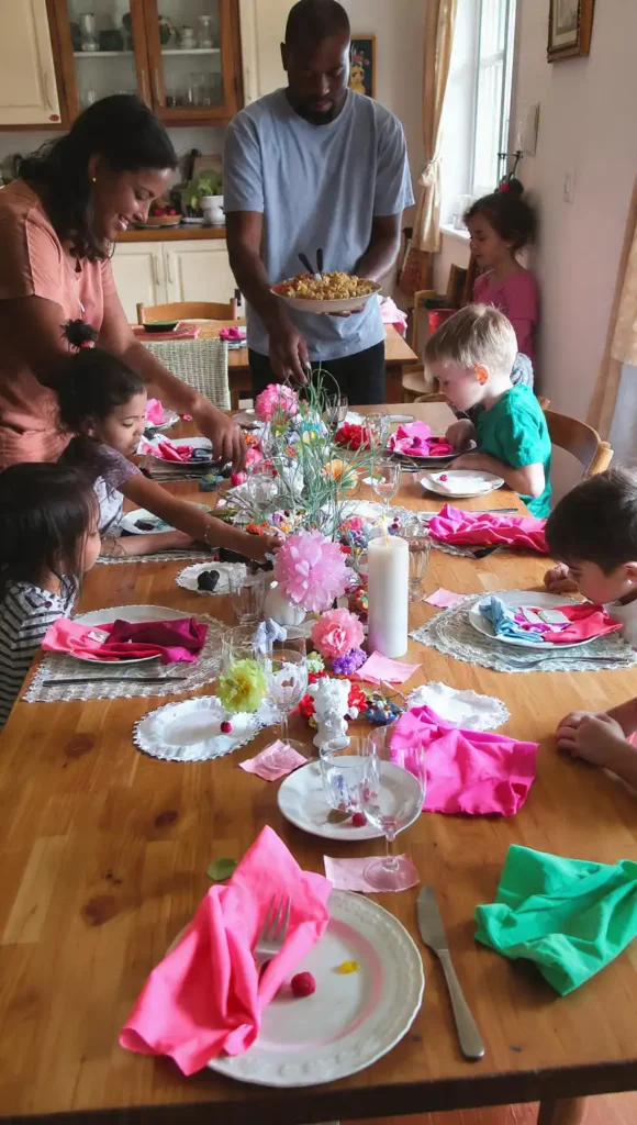 Déco Table Noël 2025 : Tendances Chics, Naturelles et Féériques pour un Réveillon Inoubliable 3 enfants pr parant la table ajoutant des l ments