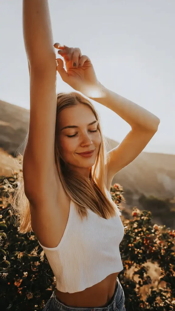 portrait of a happy woman stretching her