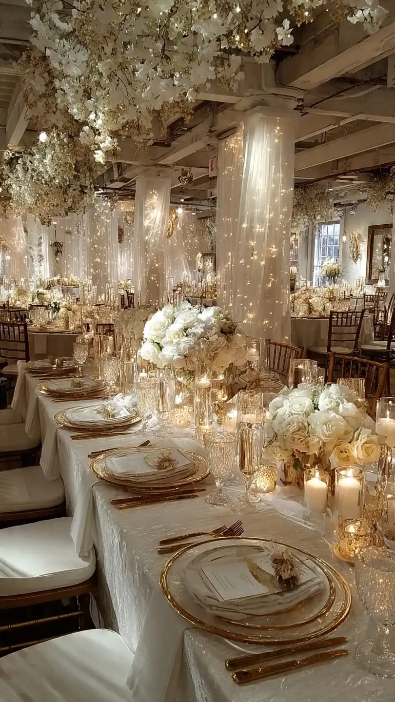 service de table blanc et or verres