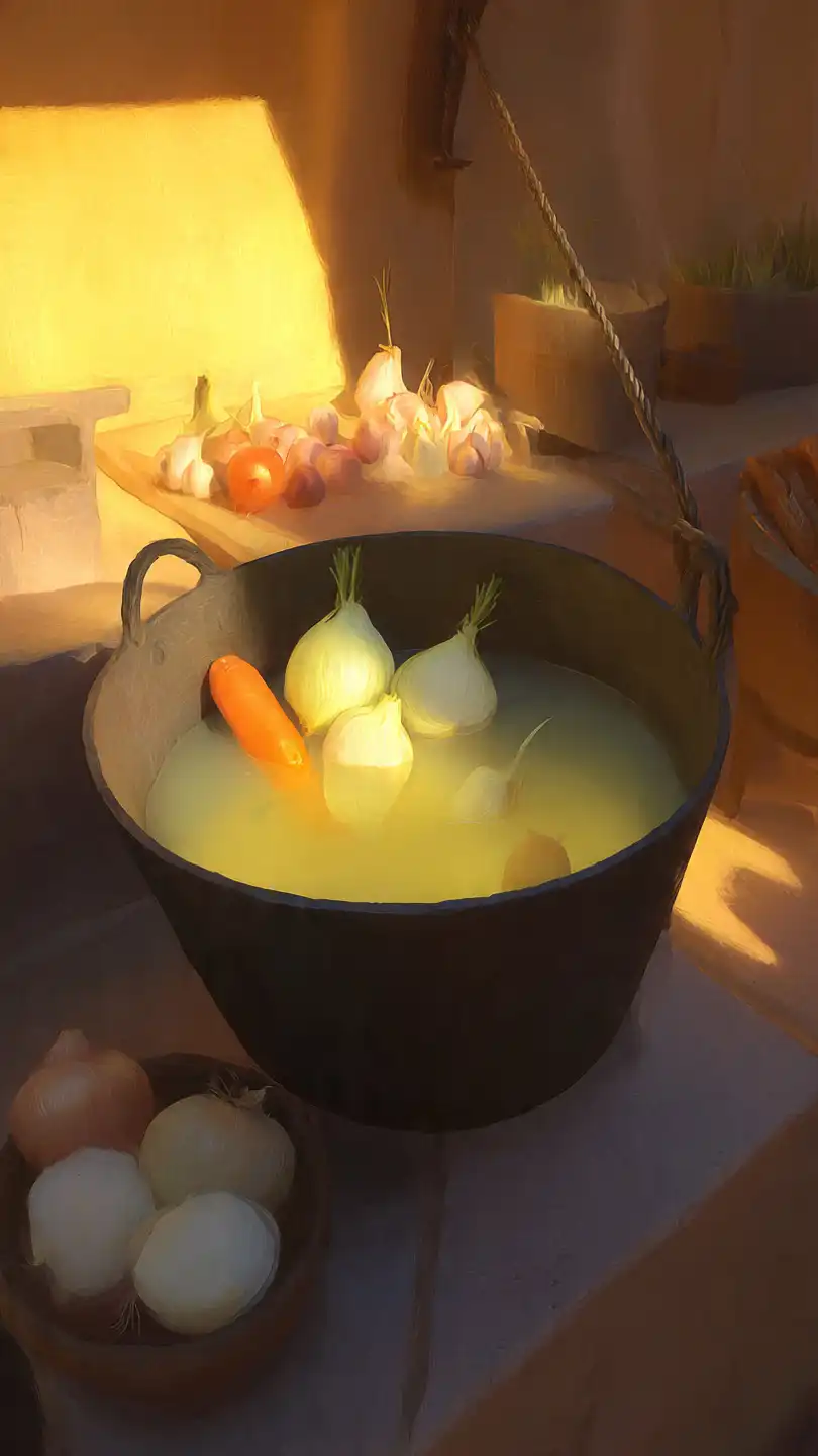 aromatic court bouillon simmering in a cast iron