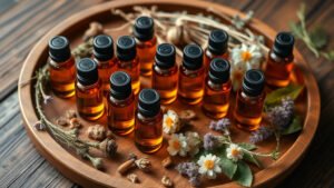 Illustration flacons huiles essentielles aromatherapie plantes aromatiques douce lumiere