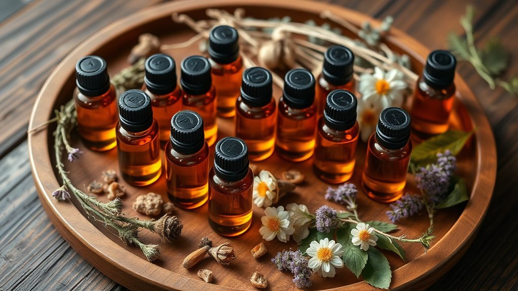 Illustration flacons huiles essentielles aromatherapie plantes aromatiques douce lumiere