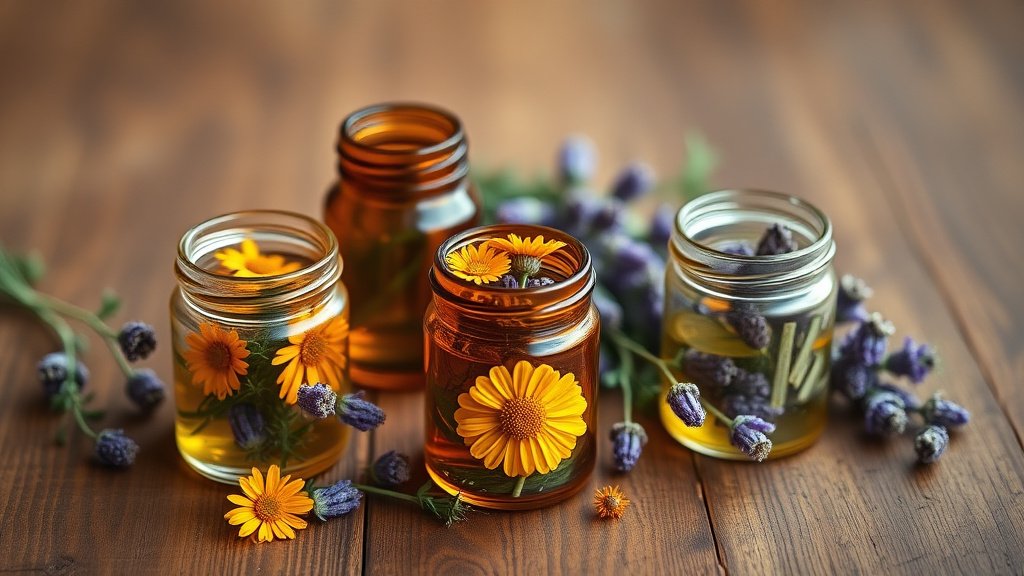 Illustration alternatives baume Perou calendula lavande helichryse cicatrisation naturelle