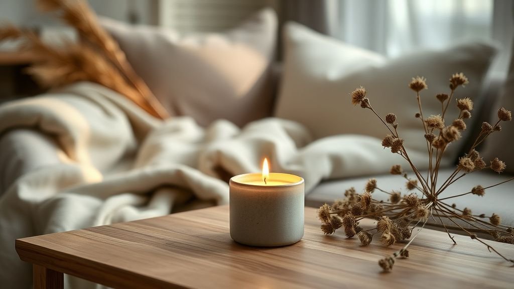 Bougie parfumée allumée dans un salon cocon avec plaids doux et lumière naturelle