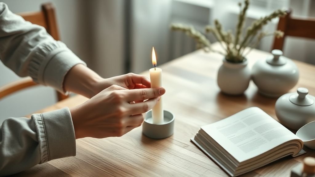 Mains coupant la mèche d’une bougie parfumée sur une table en bois sous lumière naturelle