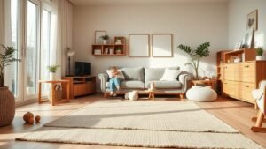 Tapis ludique posé dans un salon lumineux et minimaliste, ambiance douce et naturelle