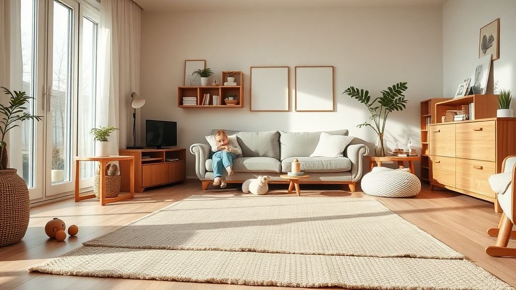 Tapis ludique posé dans un salon lumineux et minimaliste, ambiance douce et naturelle