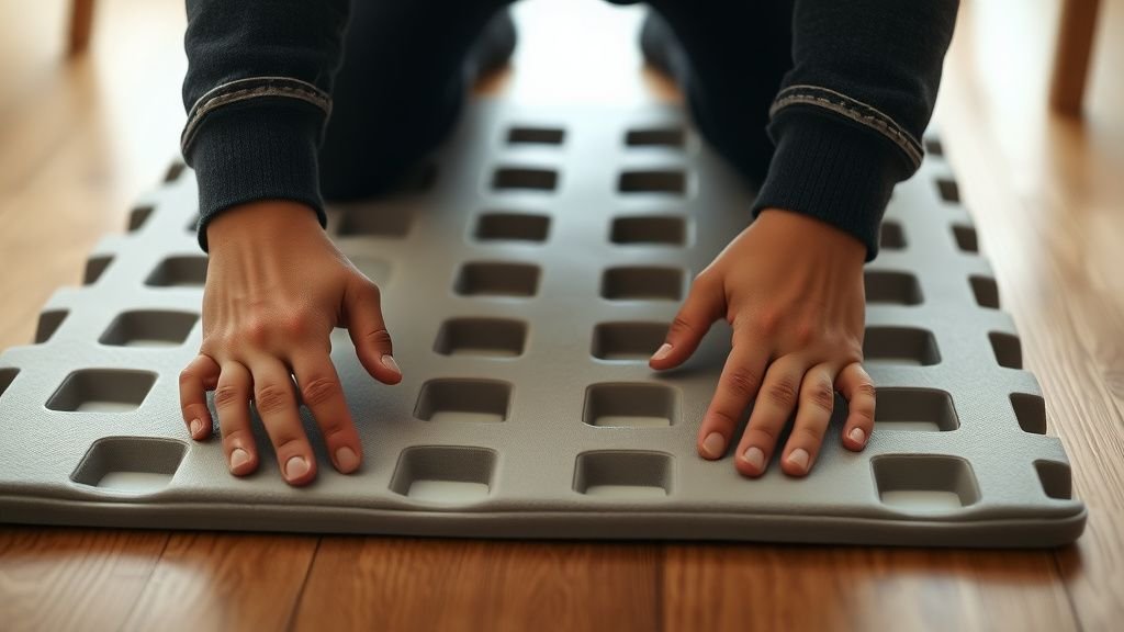 Mains ajustant un tapis de jeu modulable sur un sol en bois sous une lumière naturelle