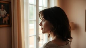 Illustration femme confiance en soi miroir lumiere douce developpement personnel