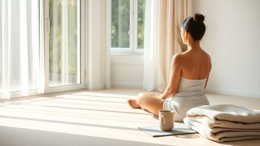 Personne assise sur un tapis de yoga dans une pièce lumineuse avec textiles doux et ambiance apaisante