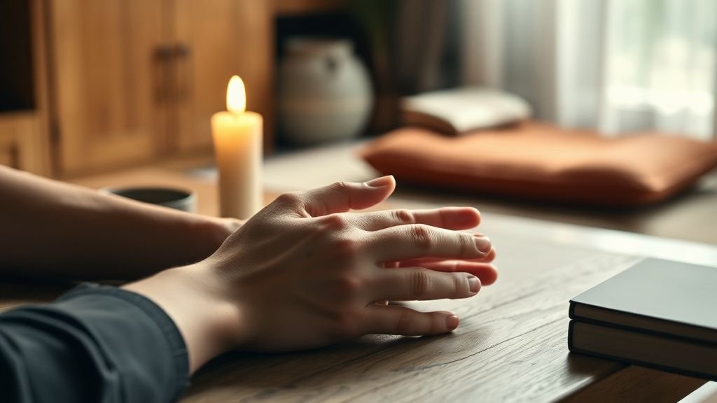 Mains posées près d’une bougie allumée dans une ambiance douce et minimaliste
