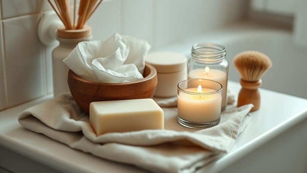 Salle de bain apaisante avec cotons lavables, savon solide et bougie naturelle sur linge clair