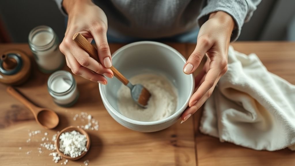 Mains préparant un soin maison avec des ingrédients naturels dans un bol en céramique