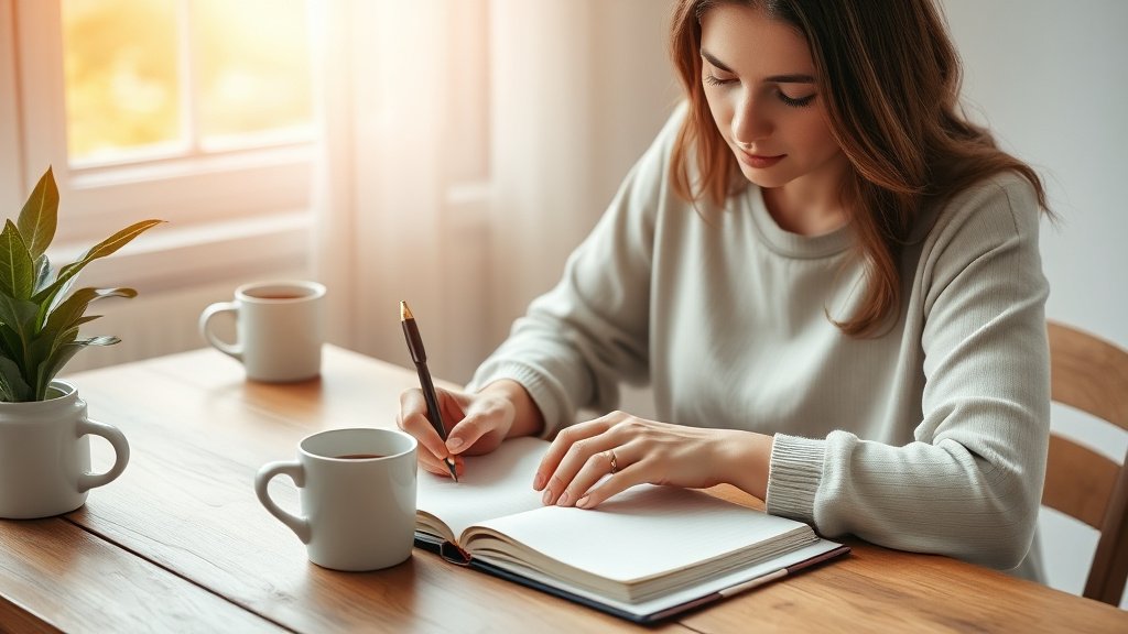 Illustration femme pensive livre journal carnet developpement personnel reflexion