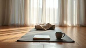 Studio de yoga lumineux avec tapis, couverture pliée et lumière naturelle sur un sol en bois