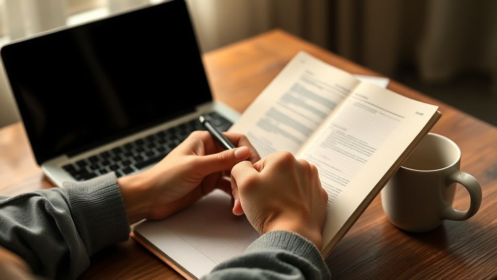 Bien choisir sa formation de yoga : les clés avant de s’engager 2 Mains feuilletant un carnet près d’une tasse, dans une ambiance calme et réfléchie avant une formation