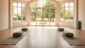 Stage yoga en Bugey : un cadre ressourçant pour se retrouver 3 Salle lumineuse de stage yoga ouverte sur un parc verdoyant, avec ambiance calme et naturelle