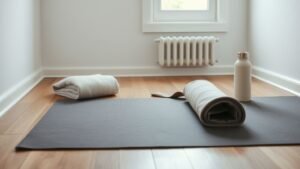 Tenue de yoga pliée près d’un tapis dans une pièce lumineuse et apaisante