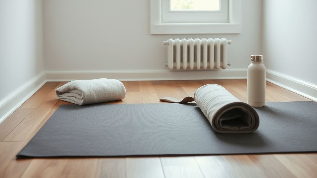 Tenue de yoga pliée près d’un tapis dans une pièce lumineuse et apaisante