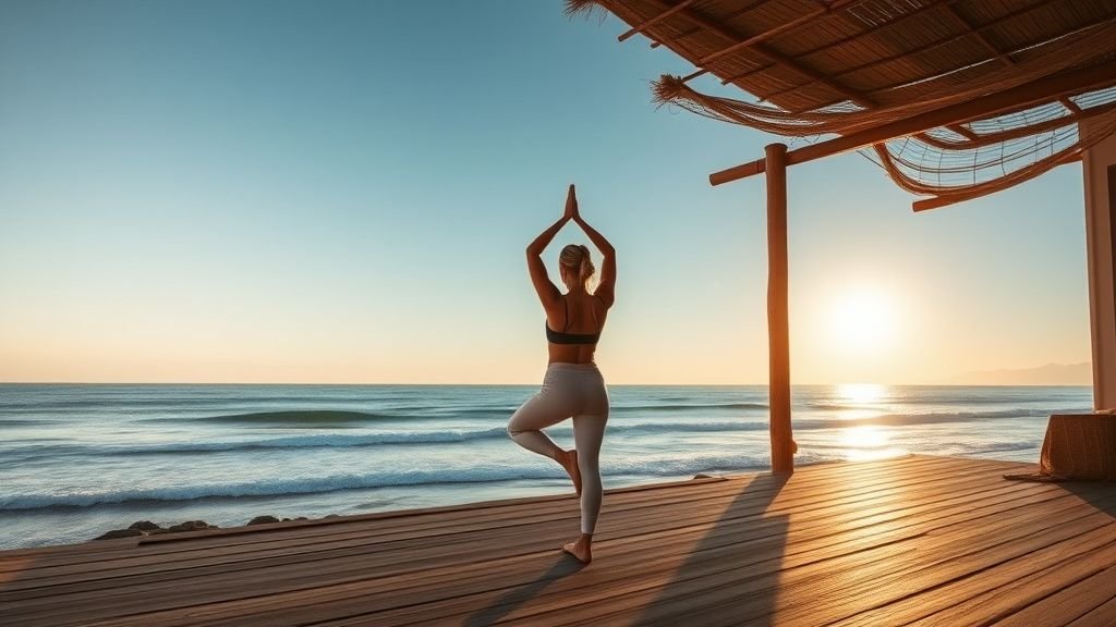 Femme pratiquant le yoga face à l’océan au Maroc dans une ambiance douce et lumineuse