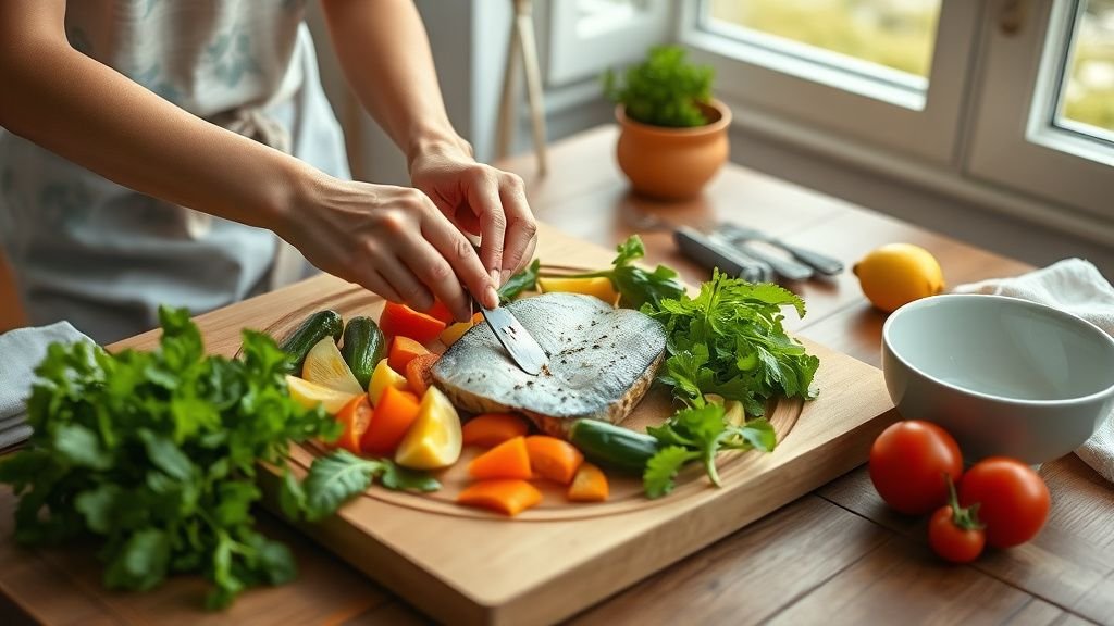 Mains préparant un repas sain avec des légumes frais et du poisson sur une table en bois