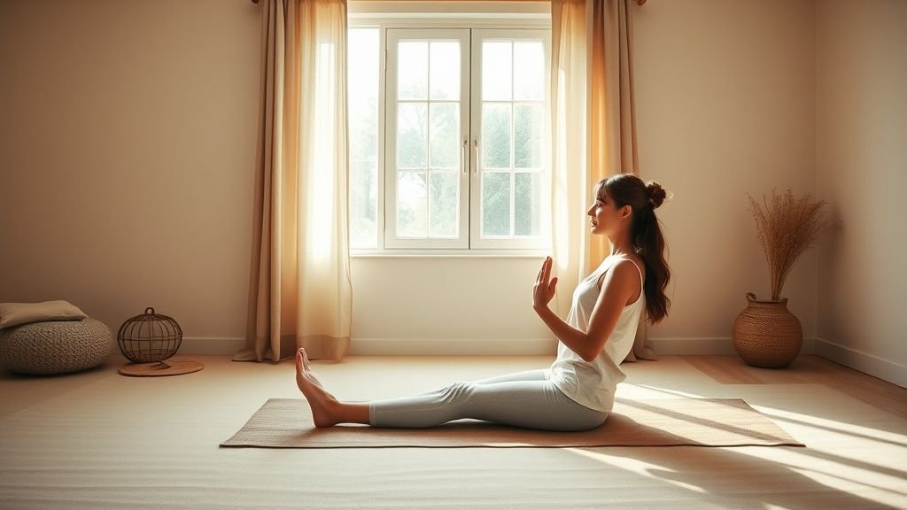 Femme pratiquant le yoga dans une pièce lumineuse avec ambiance douce et apaisante