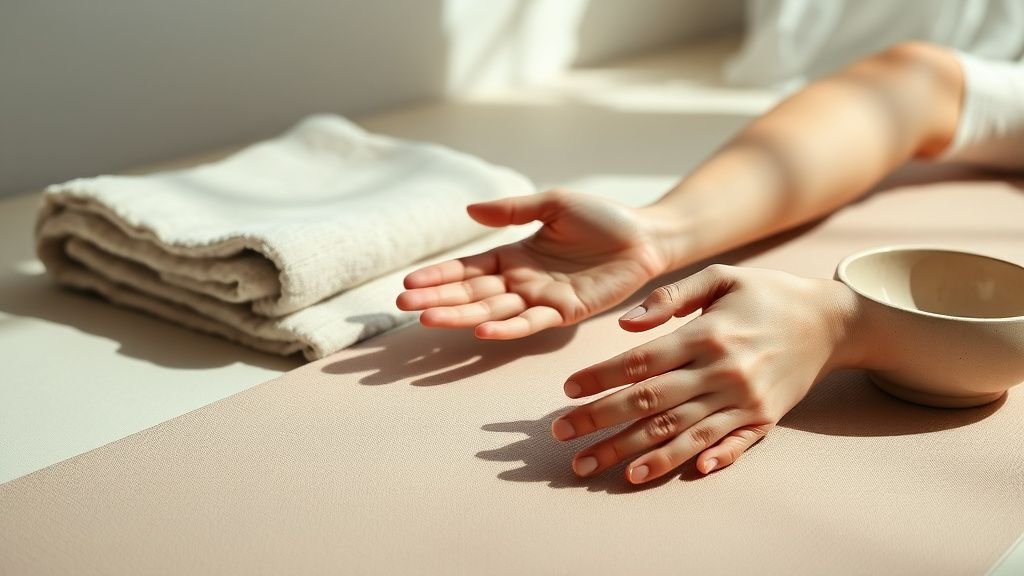 Mains posées sur un tapis de yoga près d’un linge plié dans une ambiance minimaliste et douce