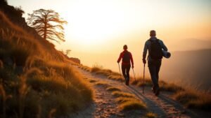 Deux marcheurs sur un sentier de montagne avec un tapis de yoga, dans une lumière douce et naturelle