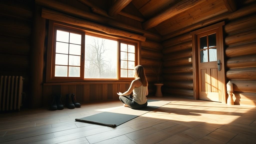 Personne assise sur un tapis de yoga dans un gîte en bois, avec des chaussures de randonnée à côté