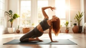 Femme pratiquant le chien tête en bas dans un intérieur lumineux