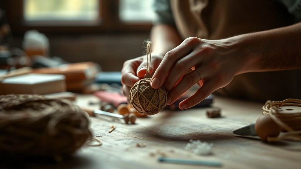 Mains d’artisan façonnant une décoration faite main avec bois, fil et papier sous lumière naturelle