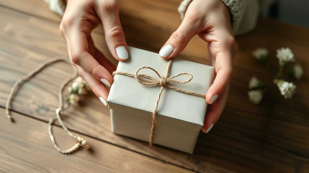 Mains emballant un petit cadeau avec un bijou délicat sur une table en bois, lumière naturelle