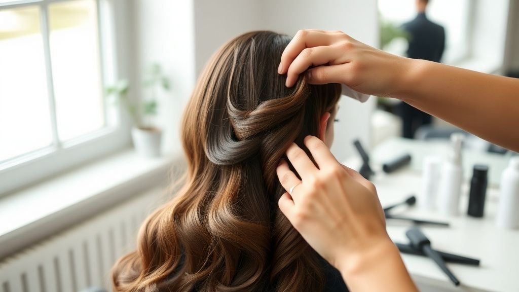 Coiffure glamour : l’ondulation chic qui sublime un look 2 Mains coiffant des ondulations souples sur des cheveux longs dans une lumière naturelle
