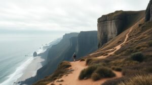 Randonneur marchant sur les falaises sauvages de la Costa Vicentina face à l’océan