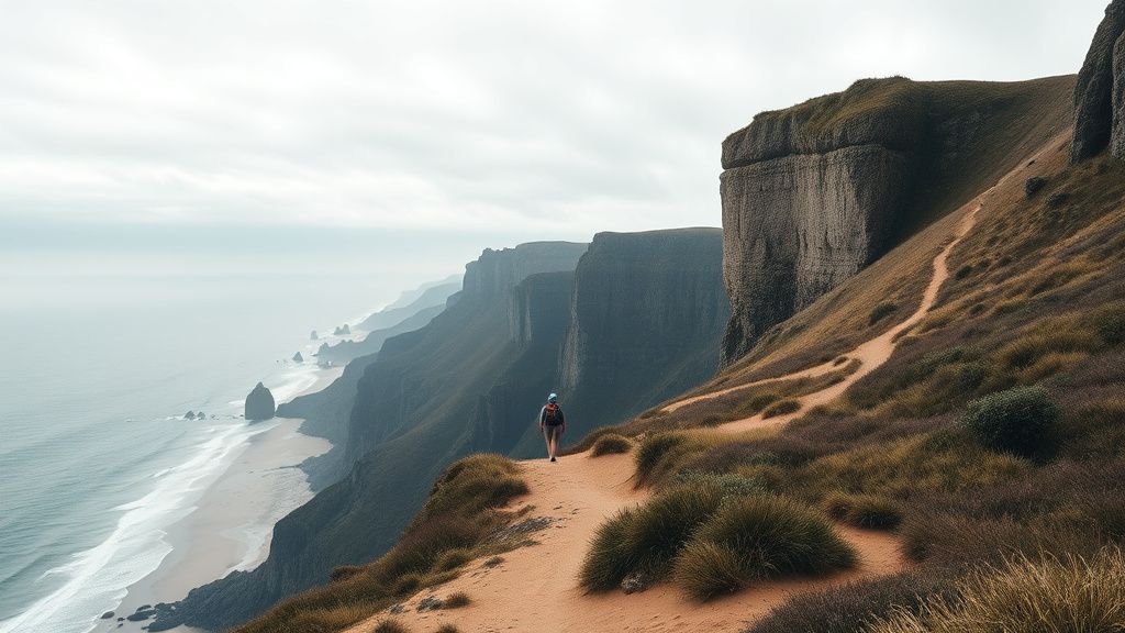 Randonneur marchant sur les falaises sauvages de la Costa Vicentina face à l’océan