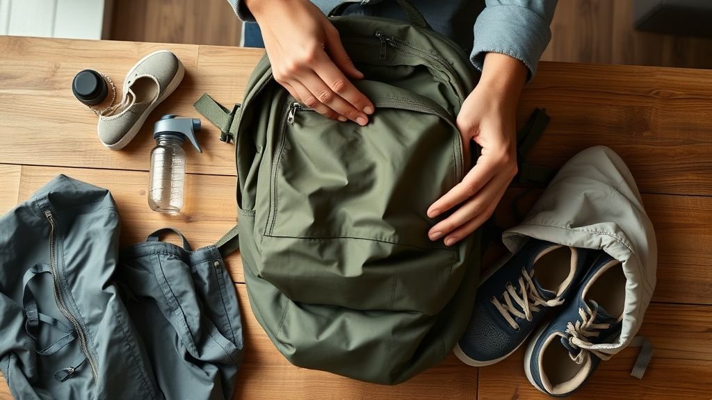 Mains préparant un sac de randonnée léger avec vêtements pliés et gourde sur une table en bois