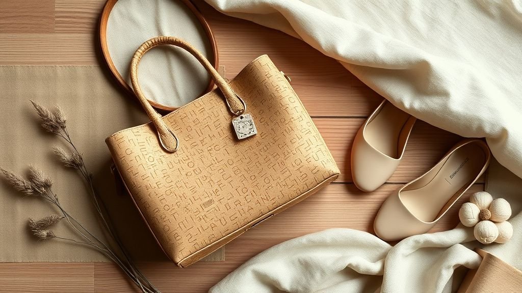 Sac et chaussures en cuir vegan posés sur une surface en bois, ambiance naturelle et épurée