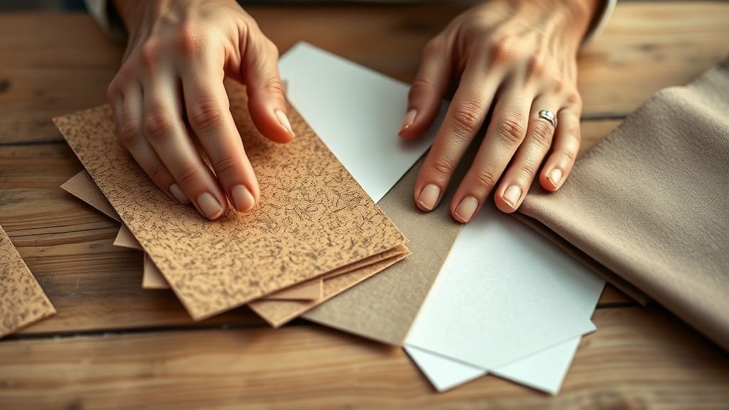 Mains examinant des échantillons de matières sur une table en bois sous lumière naturelle