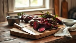 Betteraves cuites entières sur une table en bois avec un torchon et une lumière naturelle douce