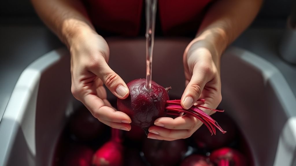 Mains qui épluchent une betterave cuite sous un filet d’eau dans une cuisine lumineuse
