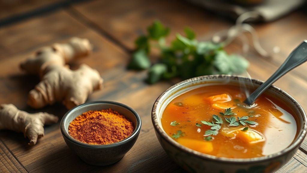 Épices et soupe de légumes fumante sur un plan de travail en bois sous lumière naturelle