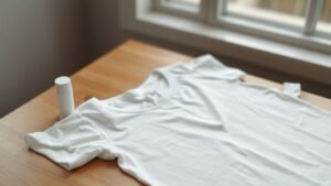 Tee-shirt blanc posé sur une table en bois avec un déodorant sans marque, sous lumière naturelle
