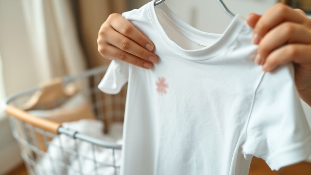 Mains examinant un tee-shirt blanc avec une légère auréole sous la lumière du matin