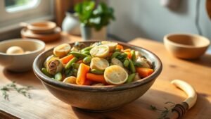 Poêlée de fèves et artichauts servie dans un plat rustique sous une lumière naturelle de printemps